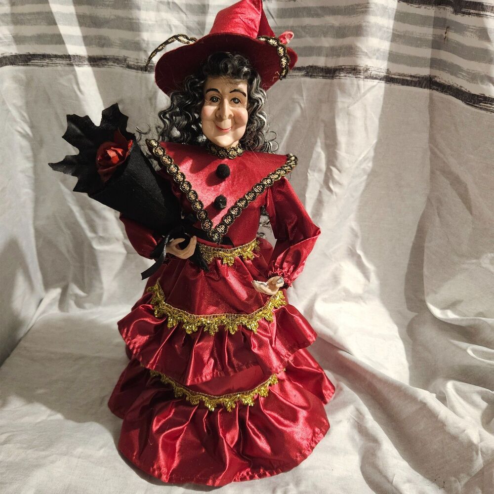 Collectible Red Dress Doll Decorative Figurine Gold Trim Lace Vintage Style